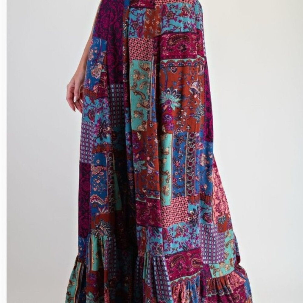 Easel Sage patchwork ruffle hem Pallazo PLUS SIZE Pants in plum & green 1X NWT - Picture 3 of 7